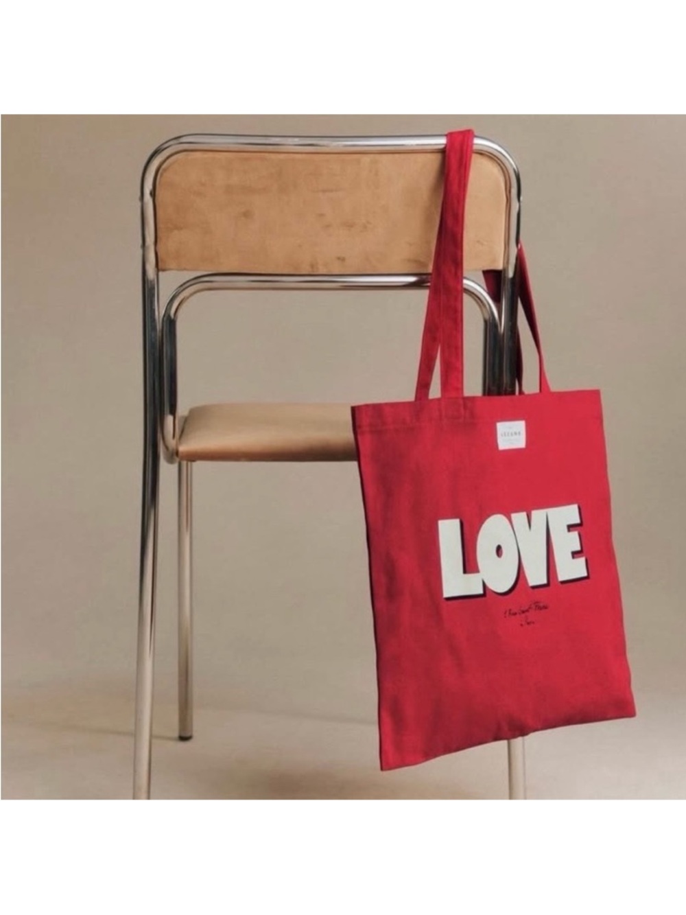 Sezane Red Canvas Tote with White LOVE Graphic